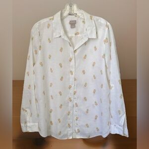 CHICO’s Pineapples 100% Linen Button Front Shirt Long Roll Tab Sleeves